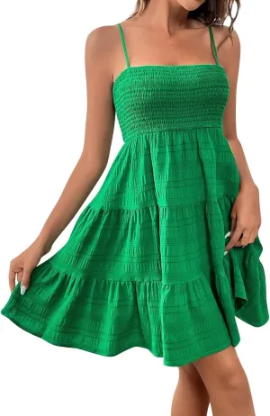 Sundresses for Women 2025 Smocked Spaghetti Strap Tiered Ruffe Mini Dress Flowy Summer Casual A Line Skater Dress