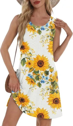 Sundresses for Women 2025 Summer Beach Cover Up Eyelet Dress Vacation Hawaiian Sleeveless Floral Tank Dresses
