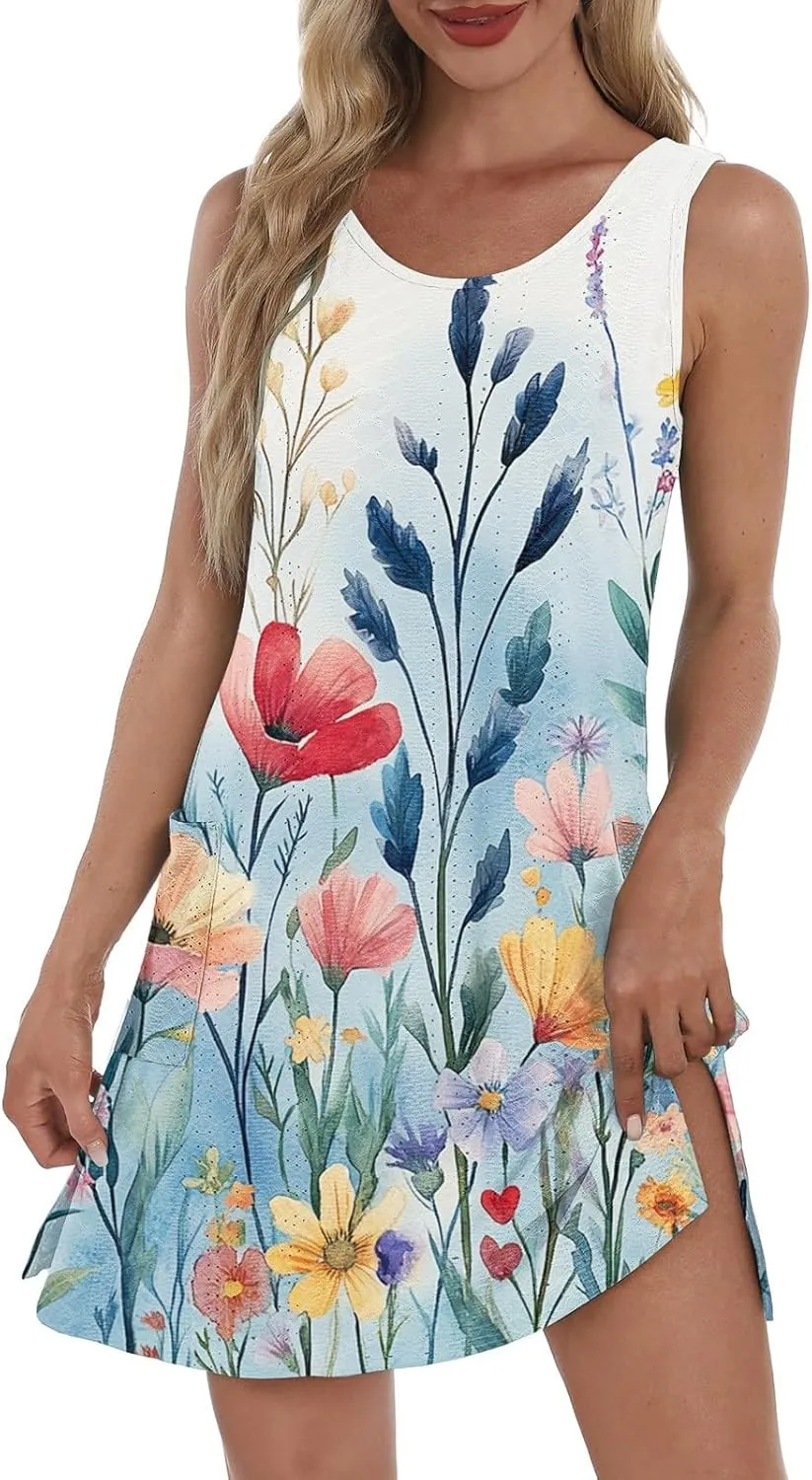 Sundresses for Women 2025 Summer Beach Cover Up Eyelet Dress Vacation Hawaiian Sleeveless Floral Tank Dresses