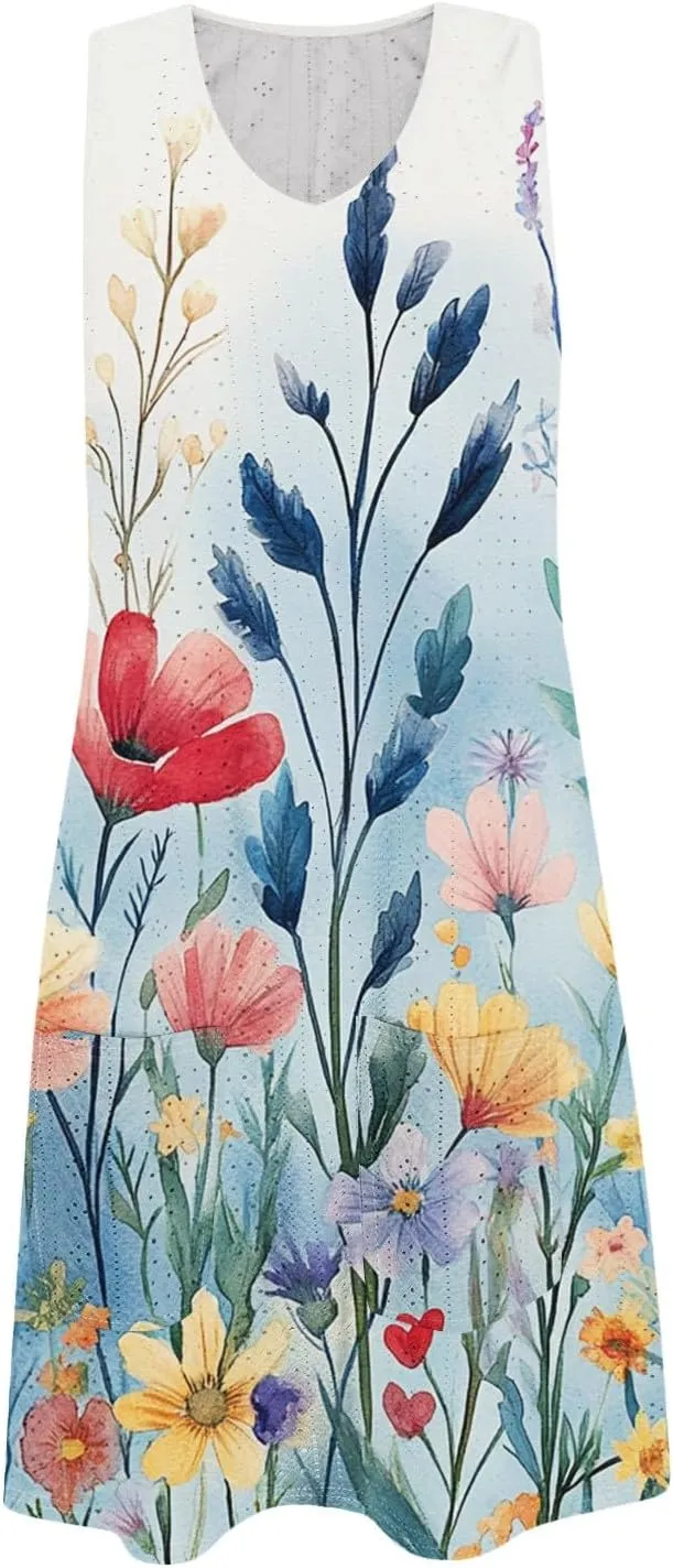 Sundresses for Women 2025 Summer Beach Cover Up Eyelet Dress Vacation Hawaiian Sleeveless Floral Tank Dresses