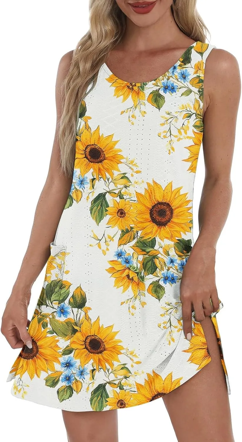 Sundresses for Women 2025 Summer Beach Cover Up Eyelet Dress Vacation Hawaiian Sleeveless Floral Tank Dresses