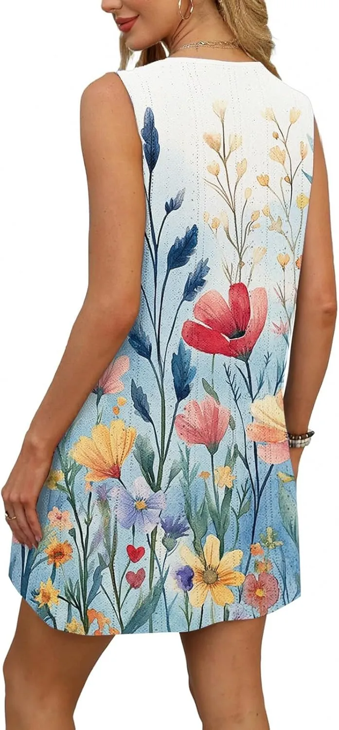 Sundresses for Women 2025 Summer Beach Cover Up Eyelet Dress Vacation Hawaiian Sleeveless Floral Tank Dresses