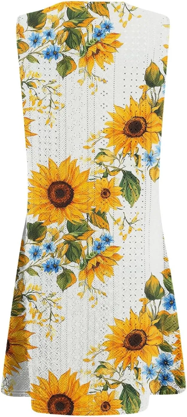 Sundresses for Women 2025 Summer Beach Cover Up Eyelet Dress Vacation Hawaiian Sleeveless Floral Tank Dresses