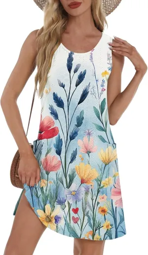 Sundresses for Women 2025 Summer Beach Cover Up Eyelet Dress Vacation Hawaiian Sleeveless Floral Tank Dresses