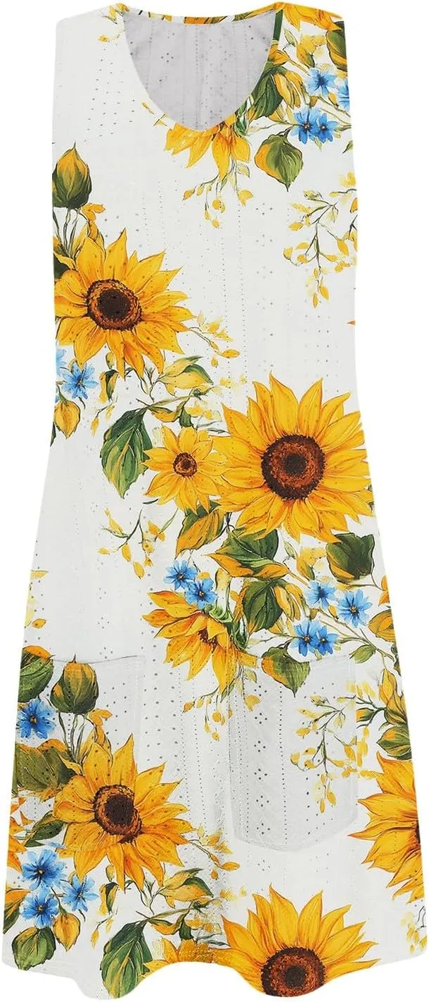 Sundresses for Women 2025 Summer Beach Cover Up Eyelet Dress Vacation Hawaiian Sleeveless Floral Tank Dresses