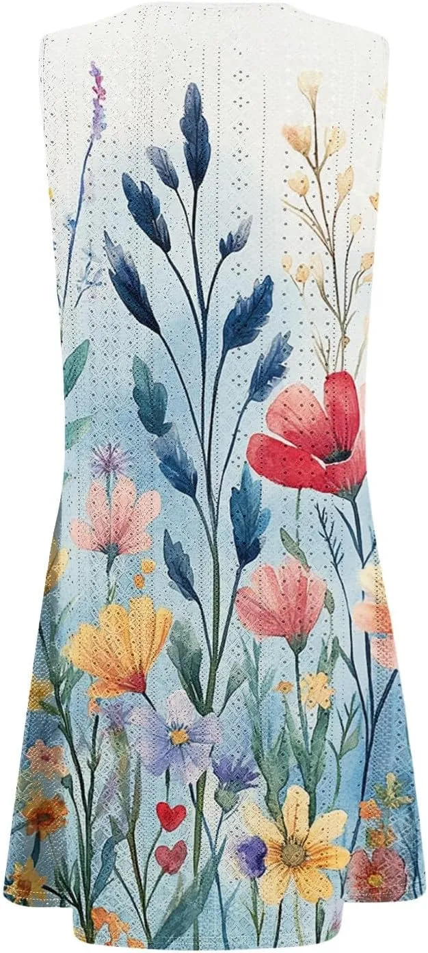 Sundresses for Women 2025 Summer Beach Cover Up Eyelet Dress Vacation Hawaiian Sleeveless Floral Tank Dresses