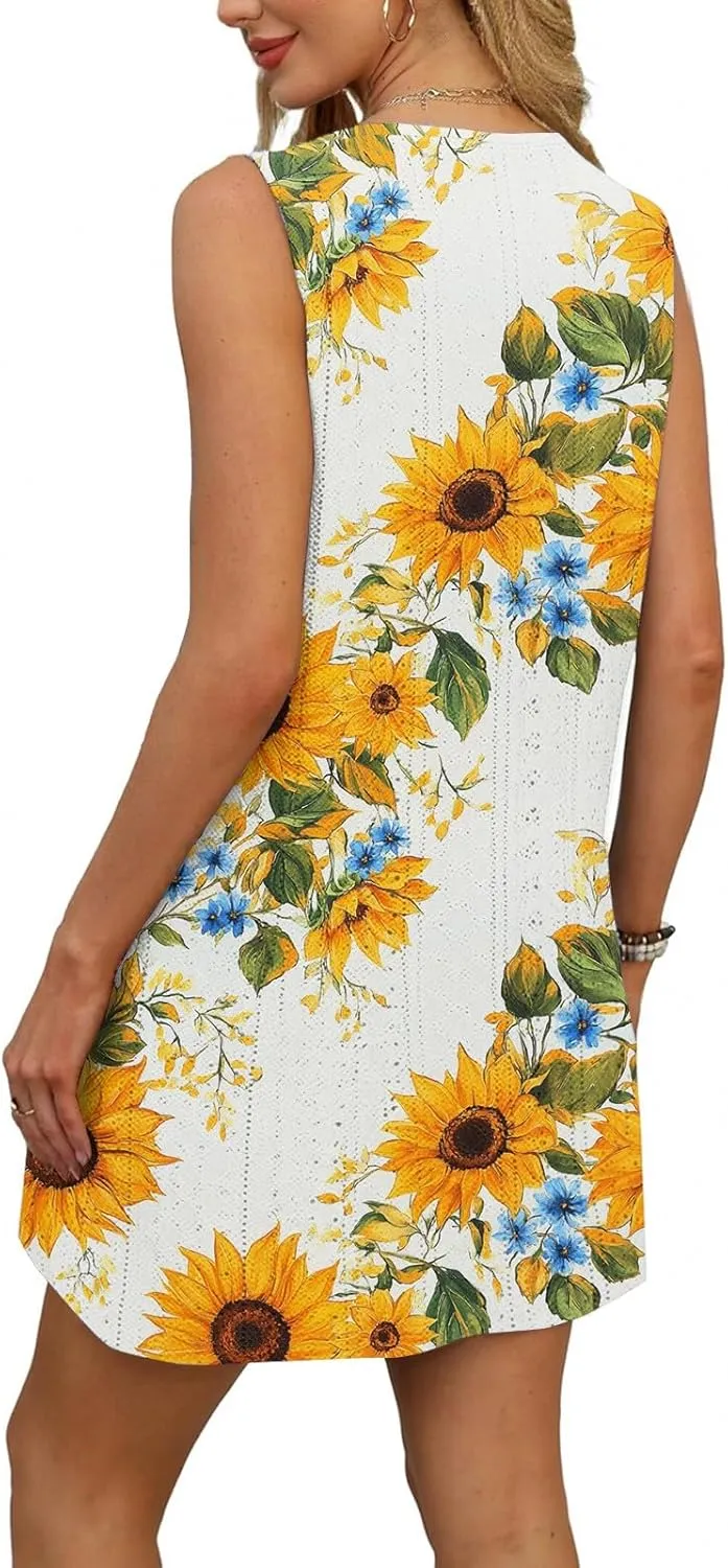 Sundresses for Women 2025 Summer Beach Cover Up Eyelet Dress Vacation Hawaiian Sleeveless Floral Tank Dresses