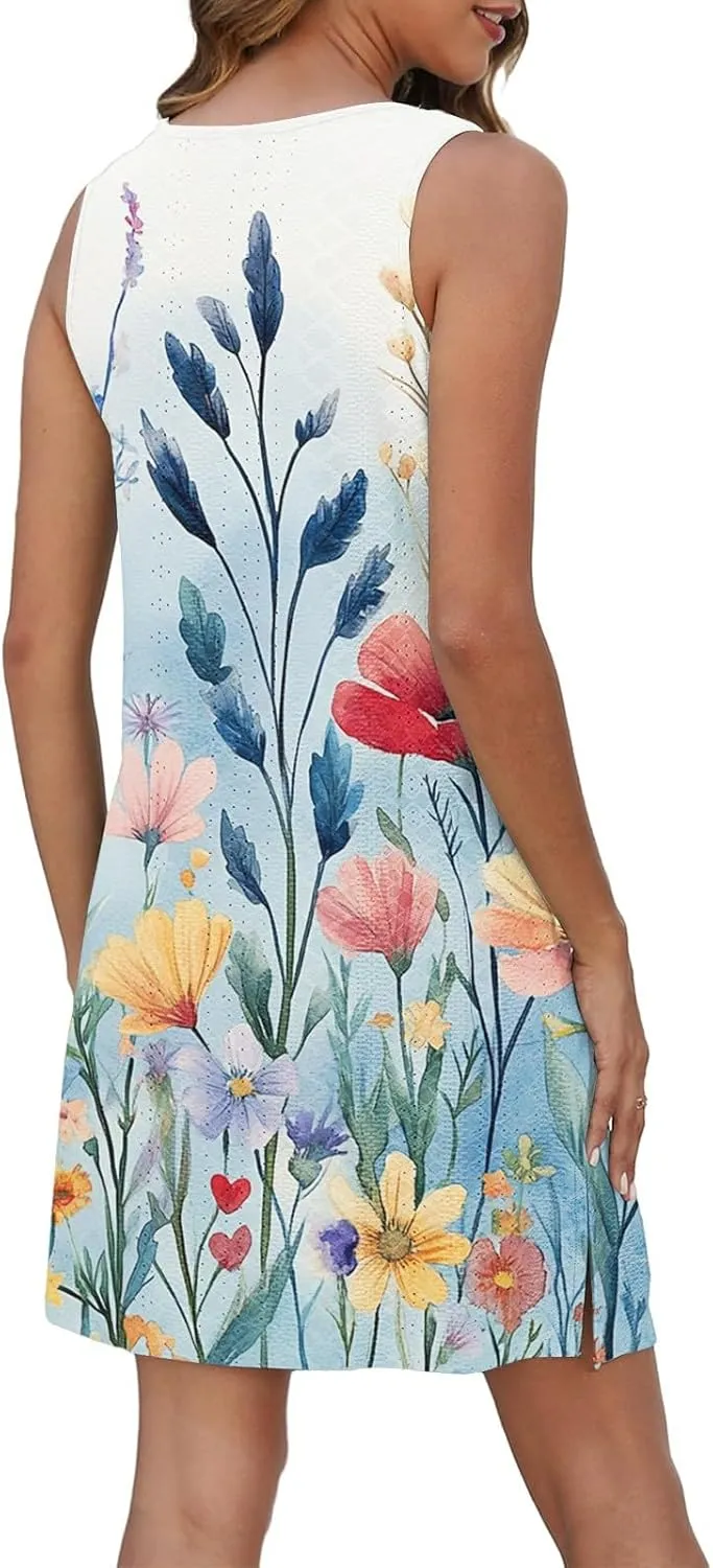 Sundresses for Women 2025 Summer Beach Cover Up Eyelet Dress Vacation Hawaiian Sleeveless Floral Tank Dresses