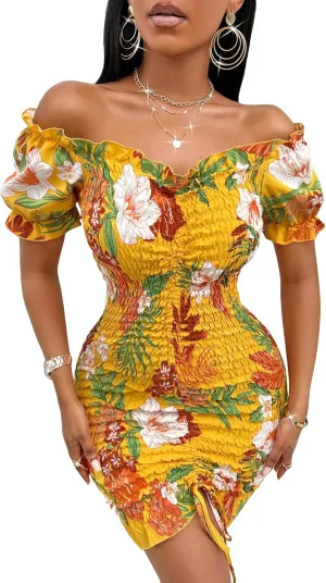 SweatyRocks Women's Floral Off Shoulder Ruched Dress Ruffle Trim Drawstring Mini Bodycon Dress Yellow Red L