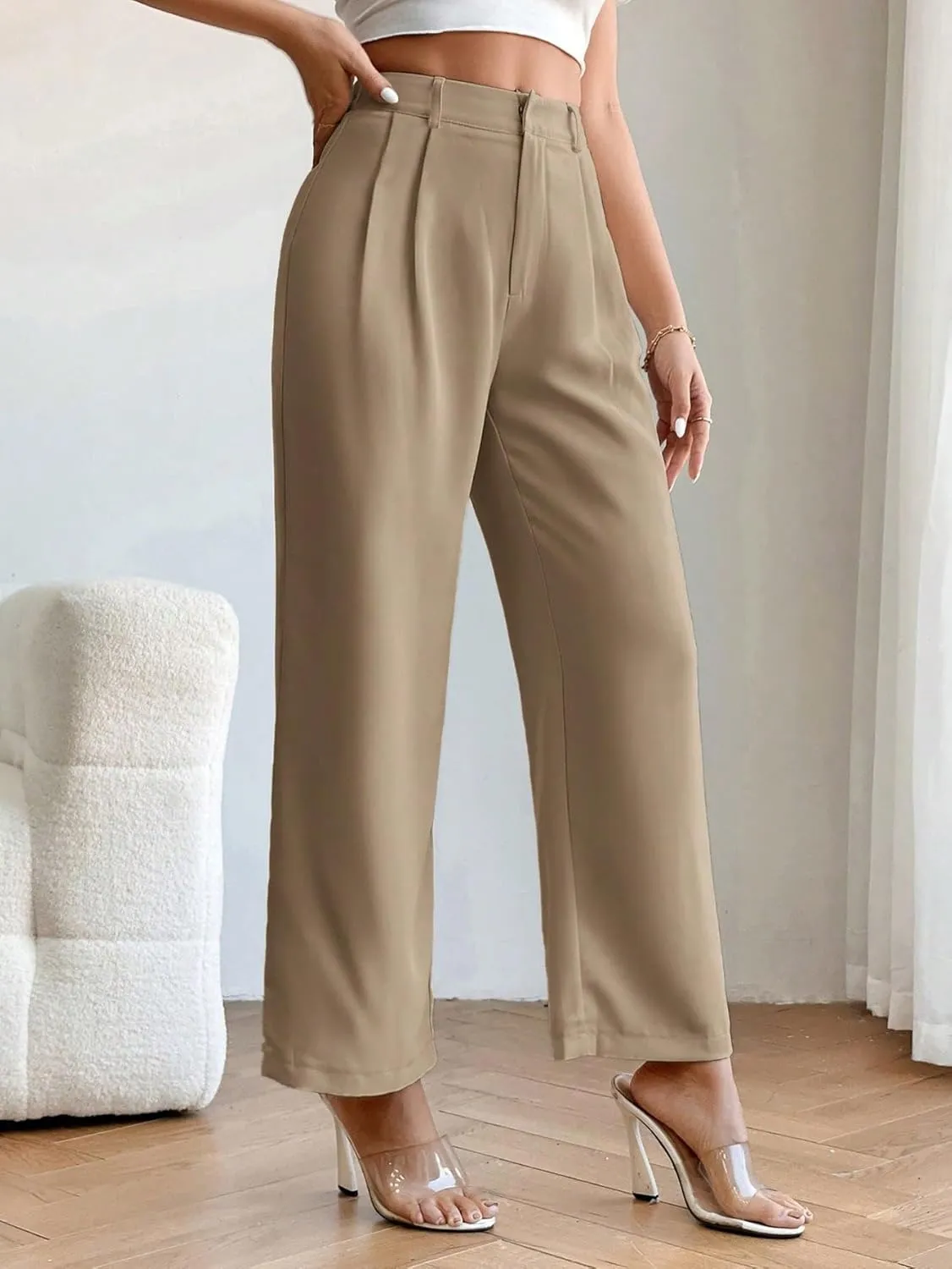 SweatyRocks Women's High Elastic Waist Zip Up Pleated Pants Casual Straight Leg Solid Dress Pants