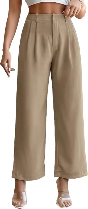 SweatyRocks Women's High Elastic Waist Zip Up Pleated Pants Casual Straight Leg Solid Dress Pants