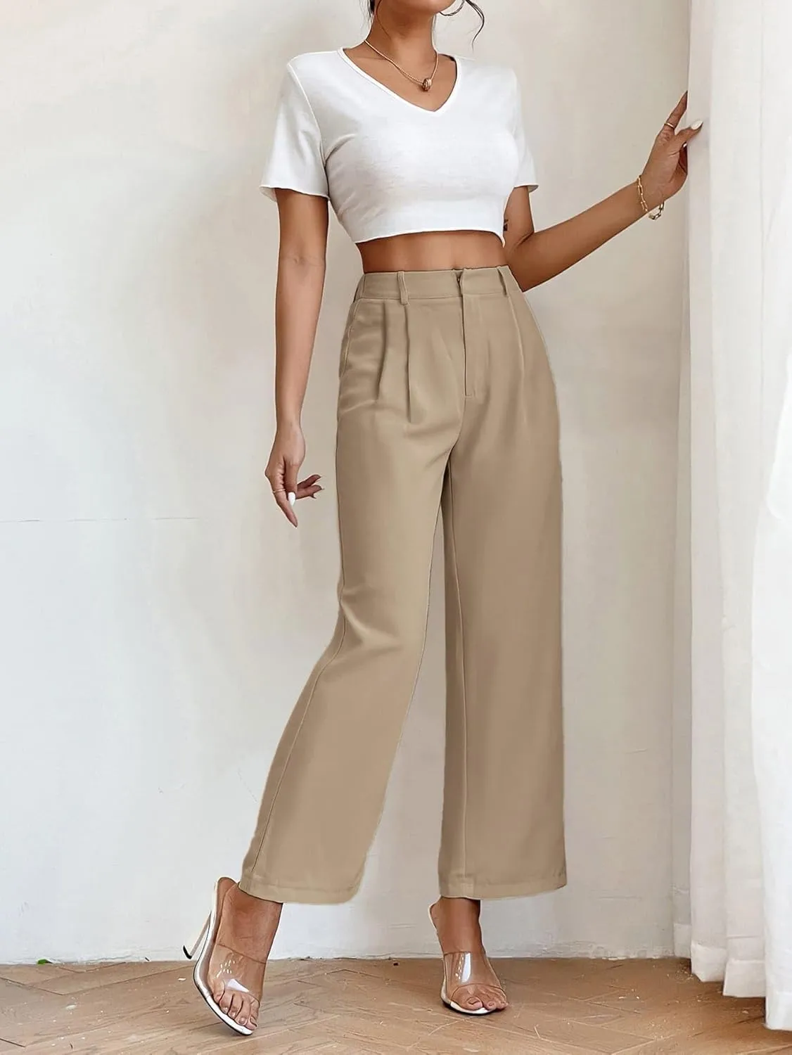 SweatyRocks Women's High Elastic Waist Zip Up Pleated Pants Casual Straight Leg Solid Dress Pants