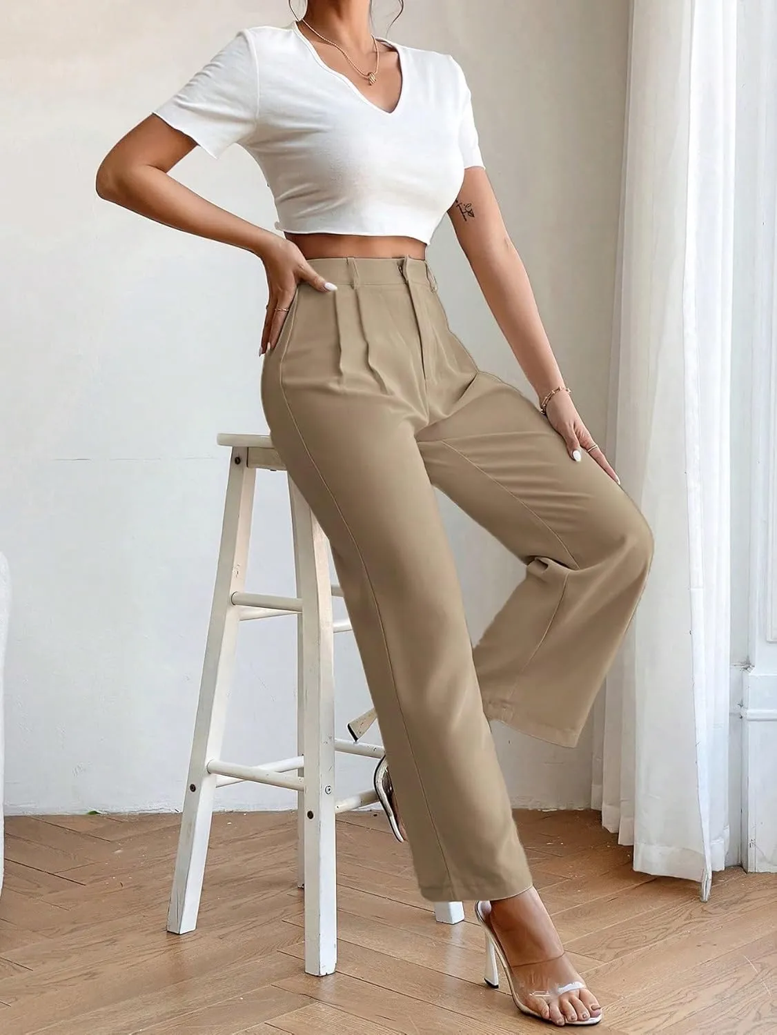 SweatyRocks Women's High Elastic Waist Zip Up Pleated Pants Casual Straight Leg Solid Dress Pants