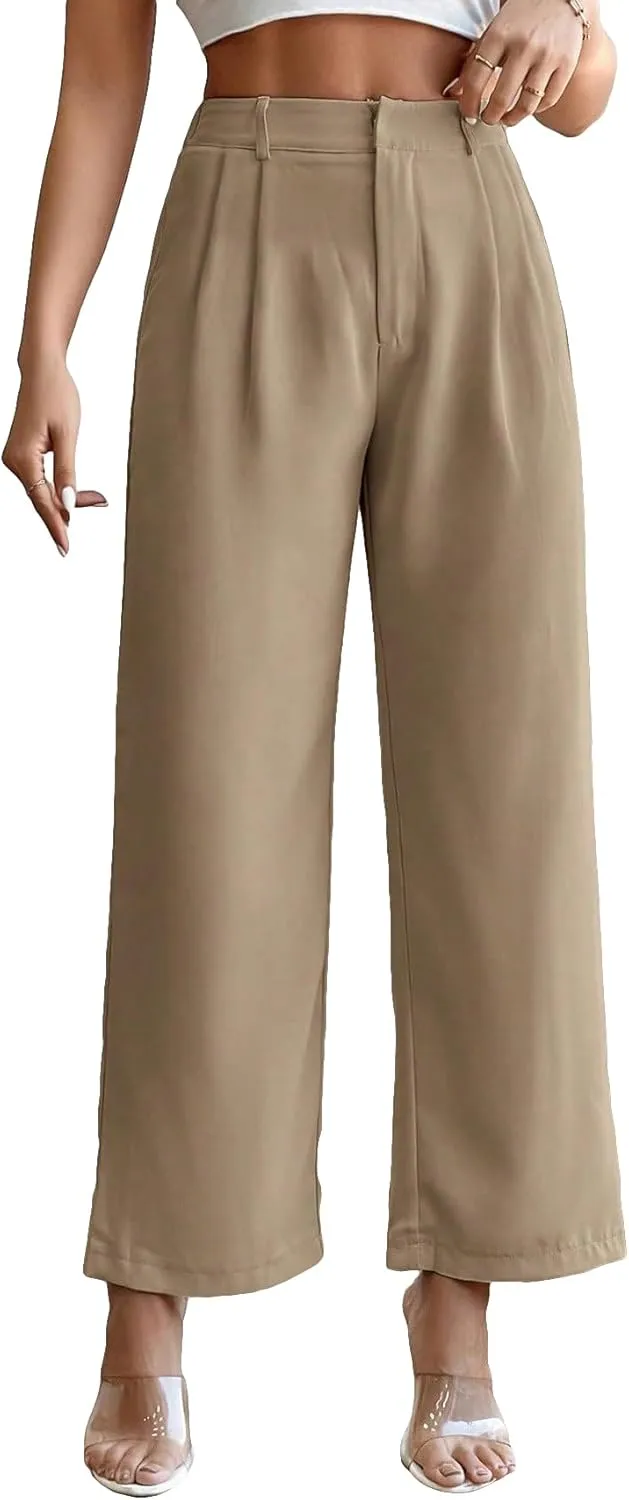 SweatyRocks Women's High Elastic Waist Zip Up Pleated Pants Casual Straight Leg Solid Dress Pants