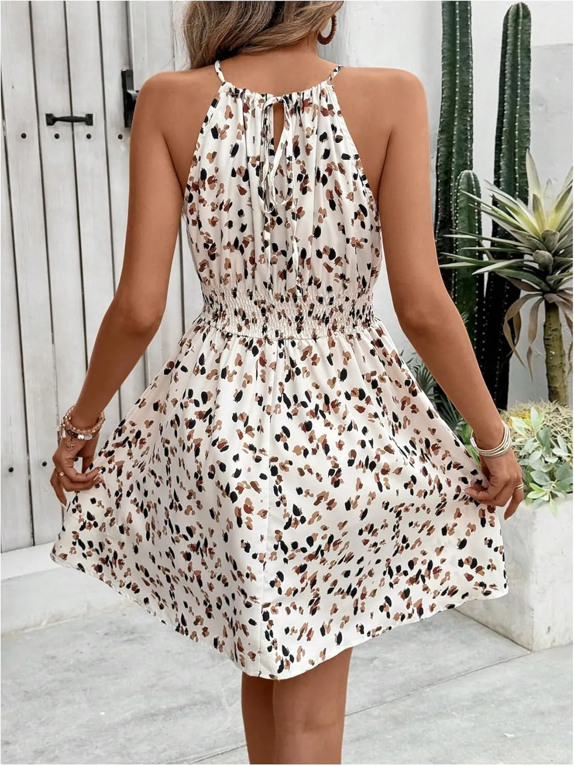 SweatyRocks Women's Printed Sleeveless Smocked A Line Halter Mini Dresses Vacation Boho Dress