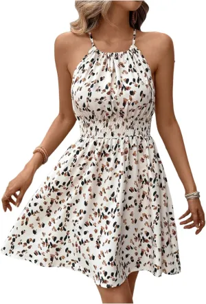 SweatyRocks Women's Printed Sleeveless Smocked A Line Halter Mini Dresses Vacation Boho Dress