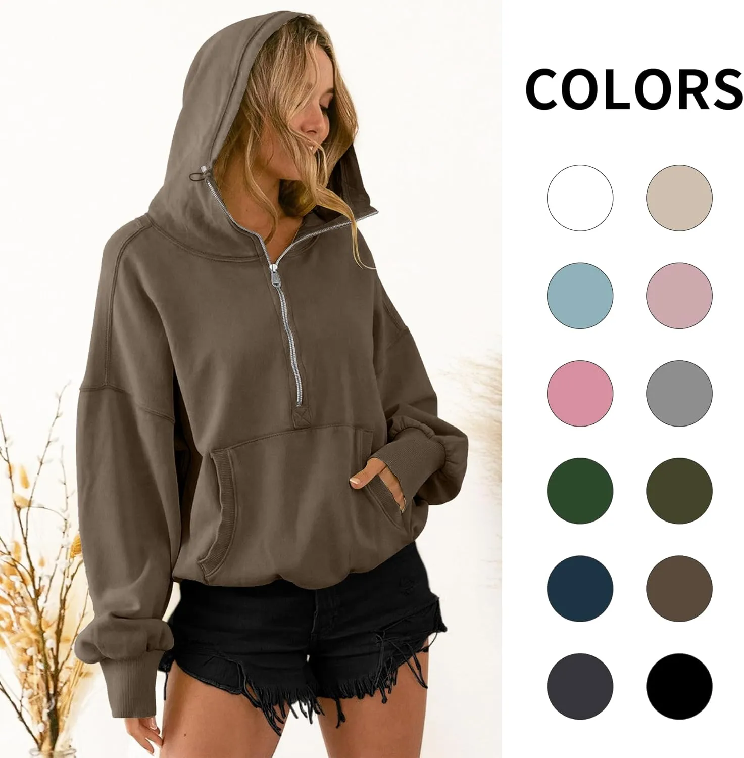 TBA High Neck Hoodies for Women Oversized Half Zip Drawstring Y2K Pullover Sweater Casual Long Sleeve Sweatshirt with Pockets