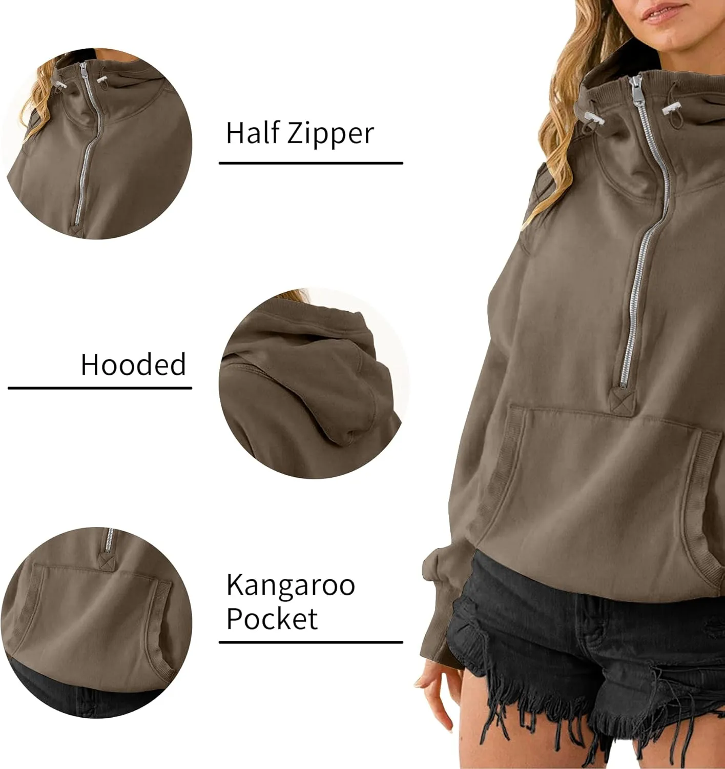 TBA High Neck Hoodies for Women Oversized Half Zip Drawstring Y2K Pullover Sweater Casual Long Sleeve Sweatshirt with Pockets