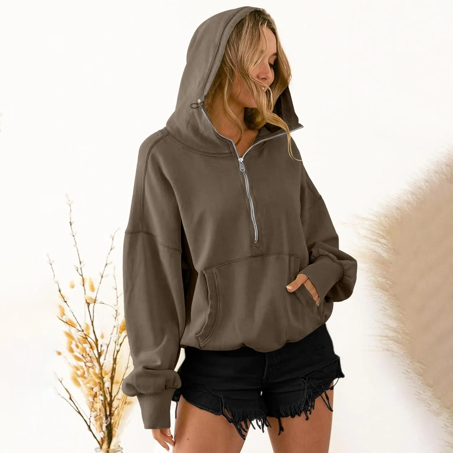 TBA High Neck Hoodies for Women Oversized Half Zip Drawstring Y2K Pullover Sweater Casual Long Sleeve Sweatshirt with Pockets