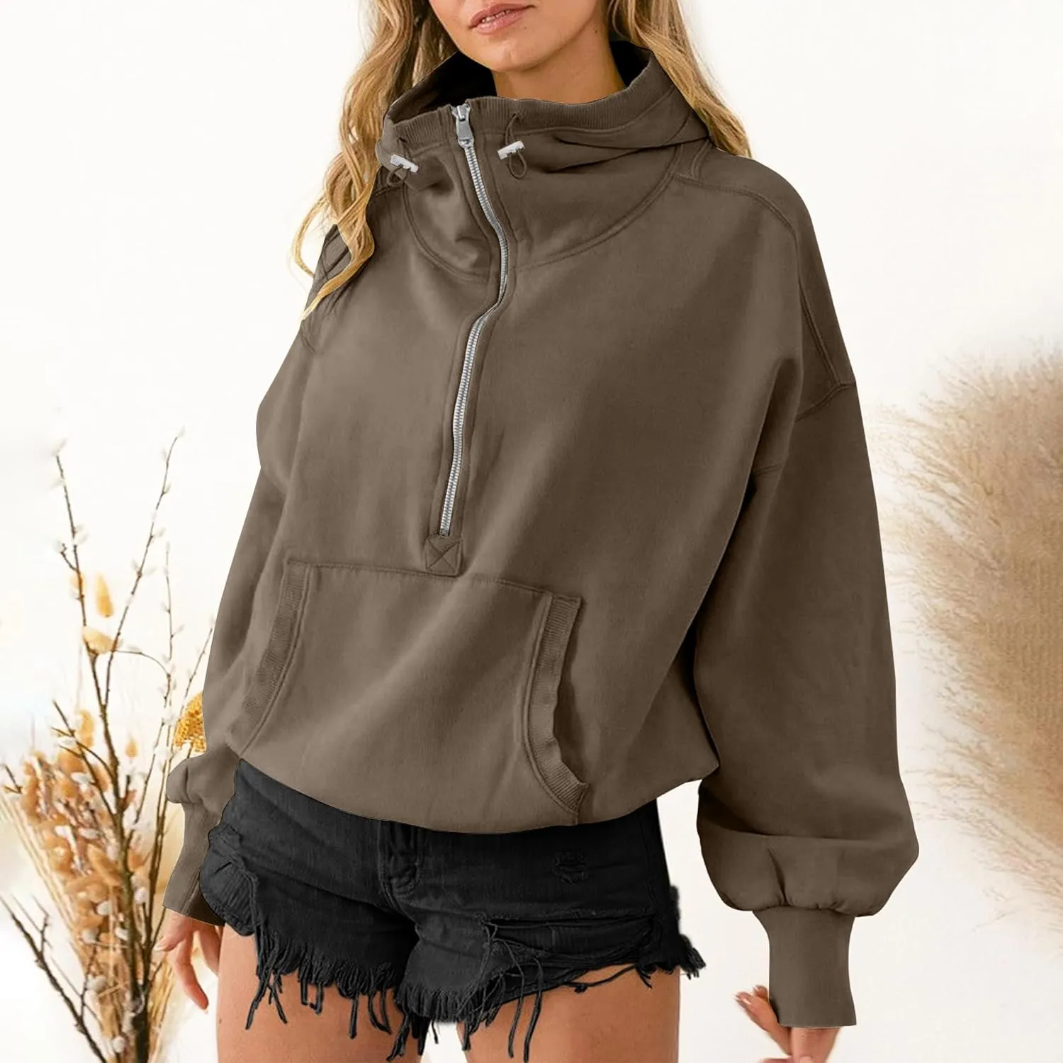 TBA High Neck Hoodies for Women Oversized Half Zip Drawstring Y2K Pullover Sweater Casual Long Sleeve Sweatshirt with Pockets