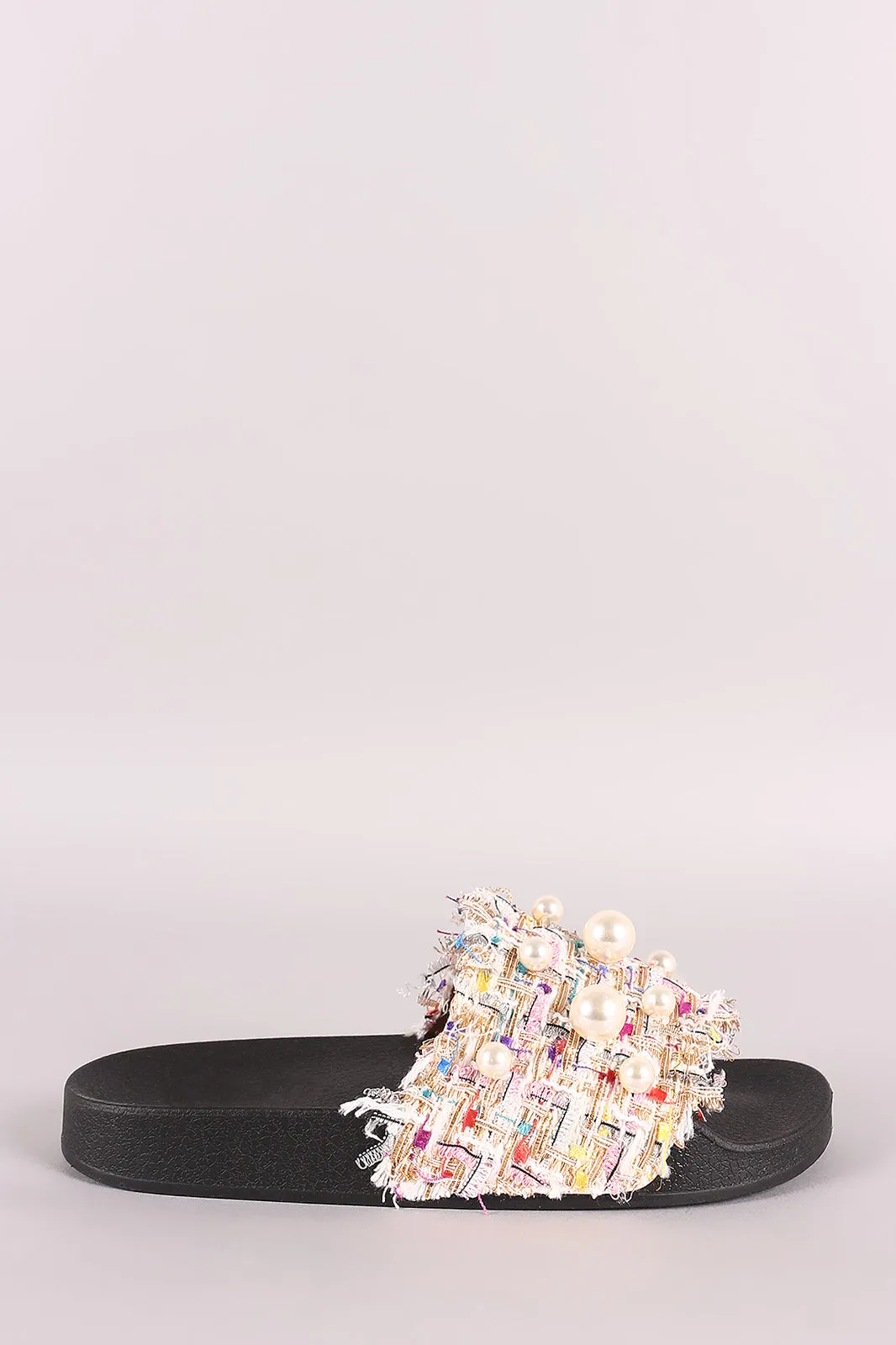 Thread Woven Frayed Pearl Accent Open Toe Slide Sandal