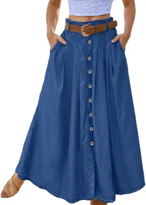 TIAFORD Womens High Waist A Line Long Skirt with Pockets Casual Loose Slit Button Down Lightweight Beach Maxi Skirt