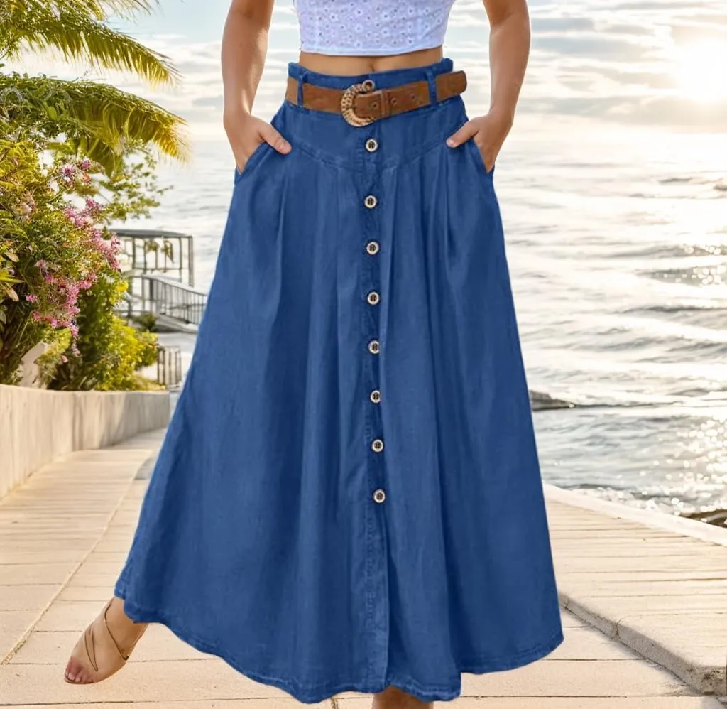 TIAFORD Womens High Waist A Line Long Skirt with Pockets Casual Loose Slit Button Down Lightweight Beach Maxi Skirt