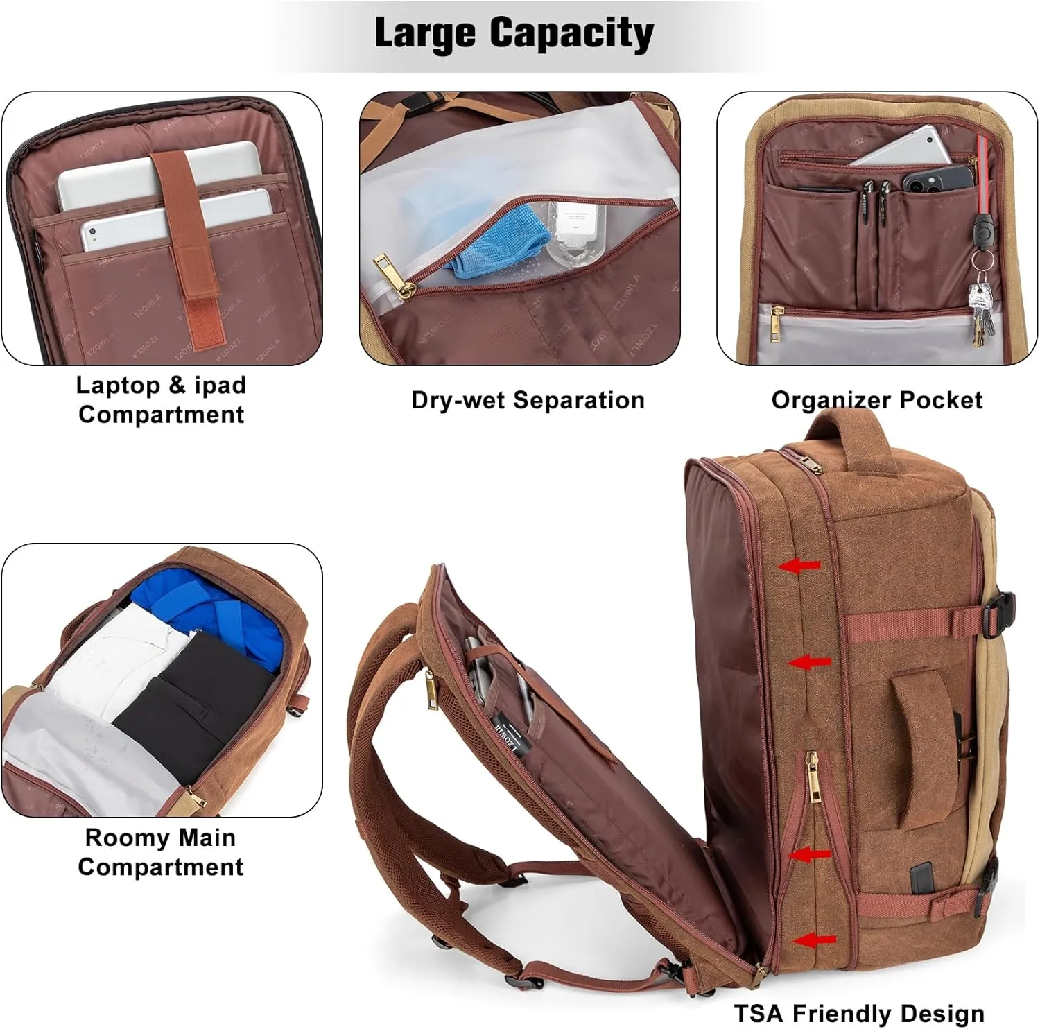 Tzowla 40L Canvas Travel Laptop Backpack for Men Women Carry on Flight Approved,Large Capacity Anti Theft Backpacks with USB Port,Vintage Business Rucksack Bag Fit 17.3 Inch Laptop(Brown & Khaki)