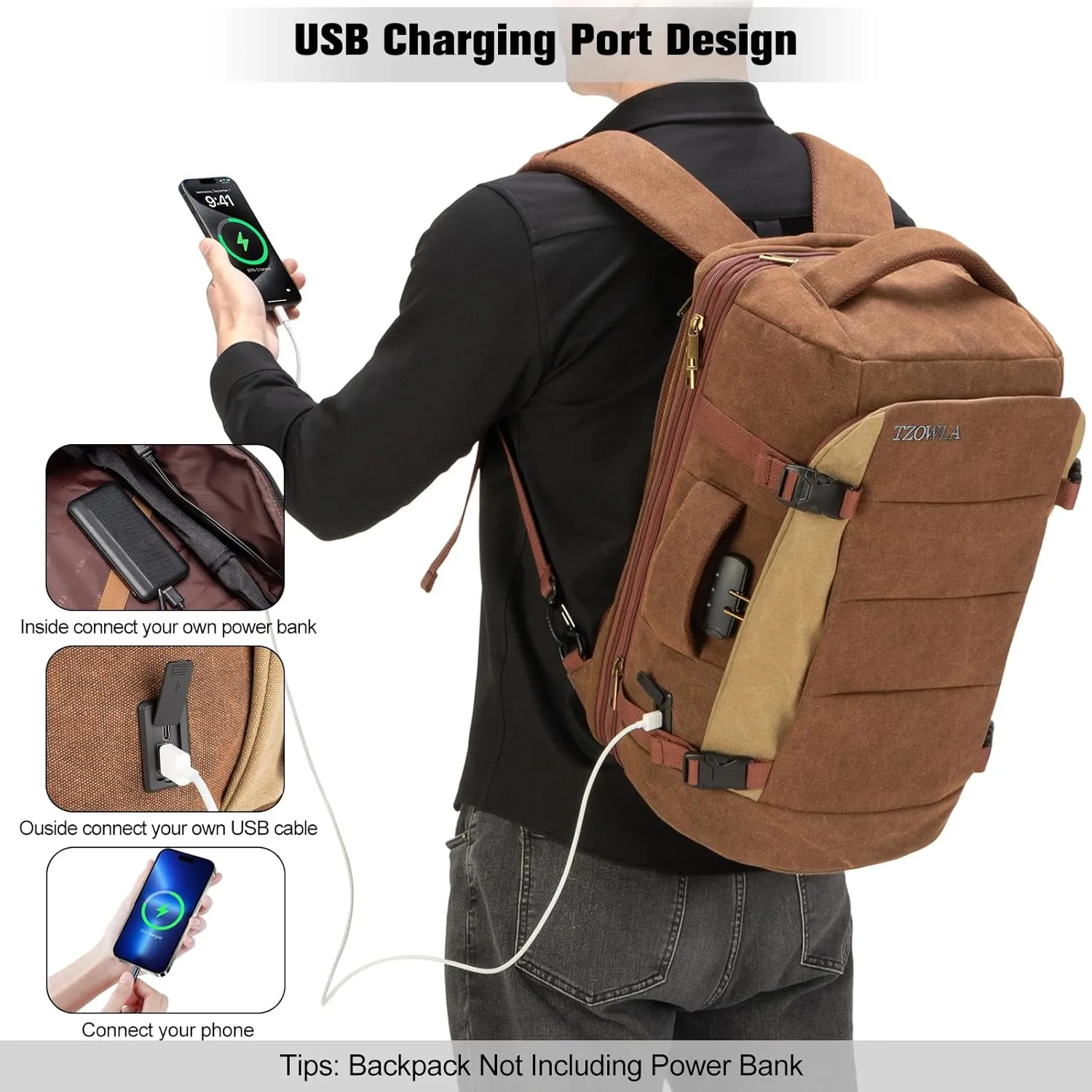 Tzowla 40L Canvas Travel Laptop Backpack for Men Women Carry on Flight Approved,Large Capacity Anti Theft Backpacks with USB Port,Vintage Business Rucksack Bag Fit 17.3 Inch Laptop(Brown & Khaki)
