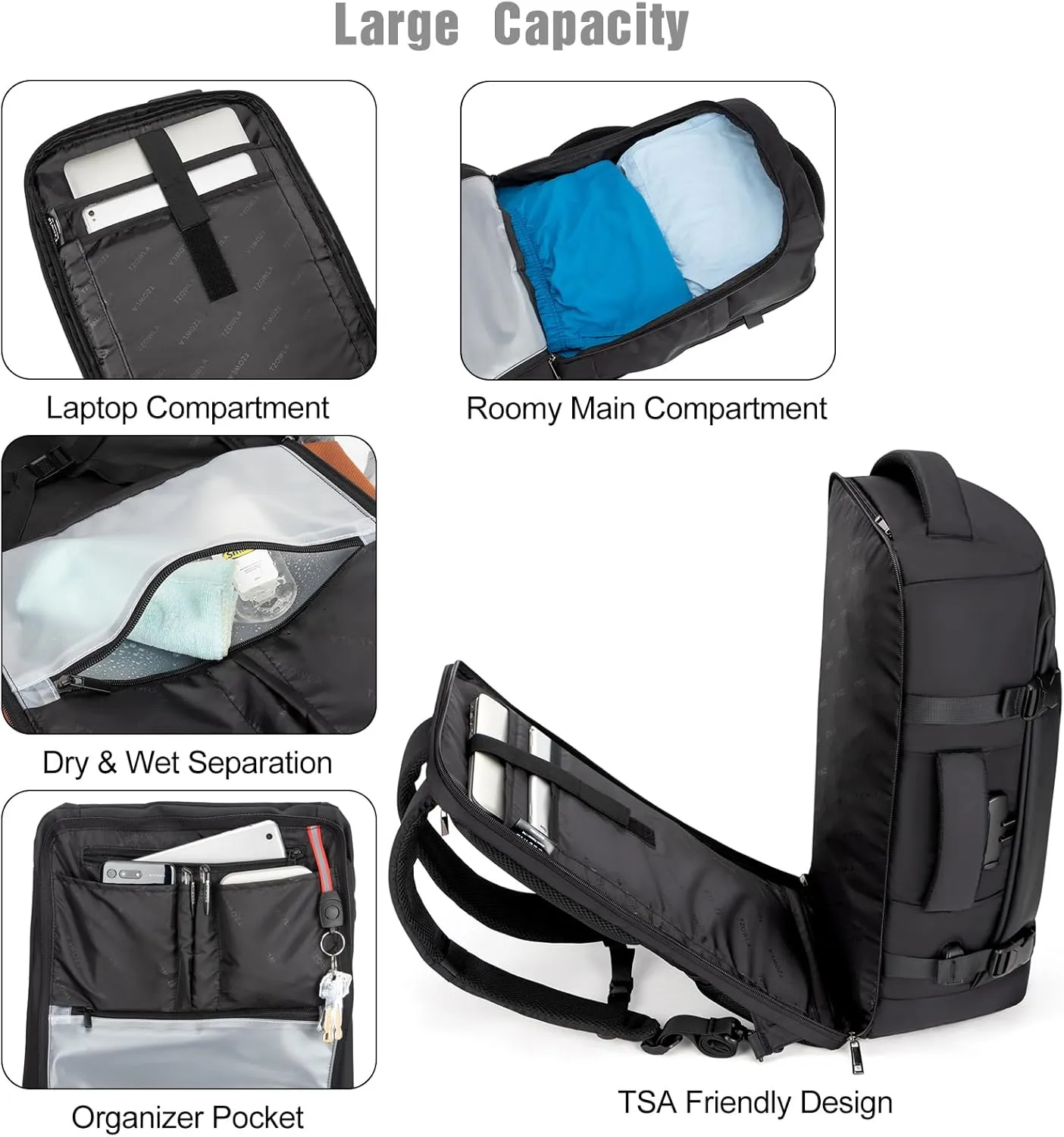 Tzowla 40L Travel Laptop Backpack for Men Women Carry on Flight Approved,Large Capacity Water Resistant Anti Theft Backpacks with USB Port,Business Causal Daypack Bag Fit 17.3"Computer/NotebookBlack)