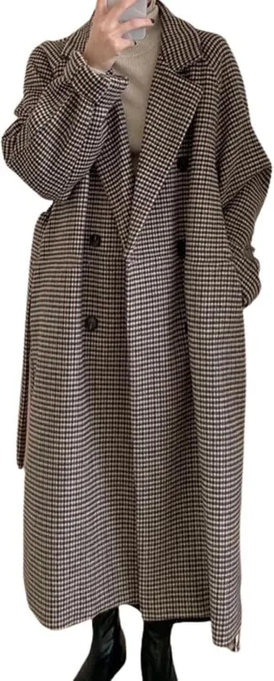 utcoco Womens Plaid Tweed Blazer Trench Coat Notched Double Breasted Belted Midi Pea Coat