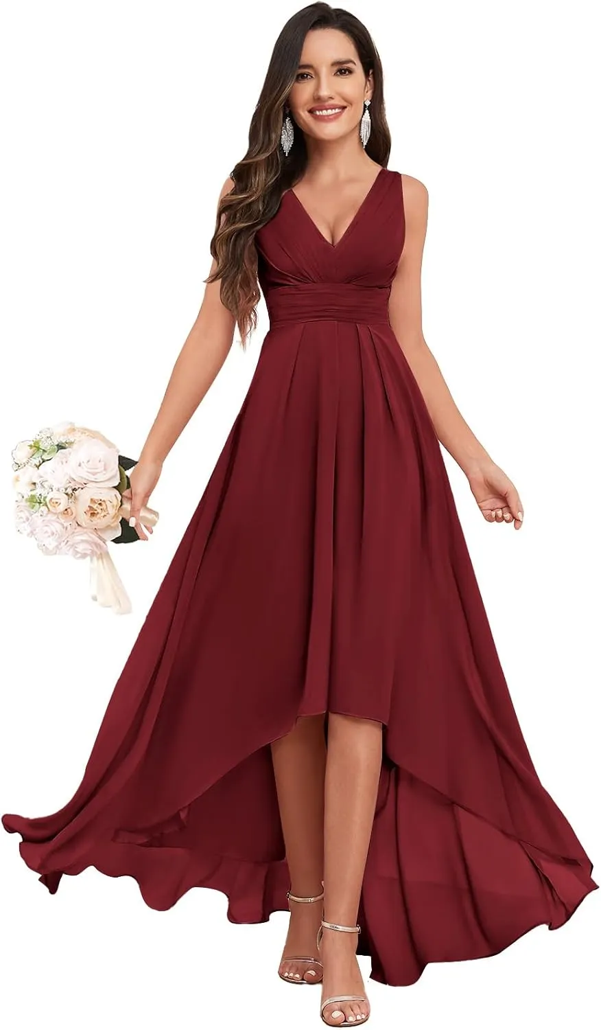 V Neck Bridesmaid Dresses for Women High Low A-Line Chiffon Pleated Evening Party Gown with Pockets