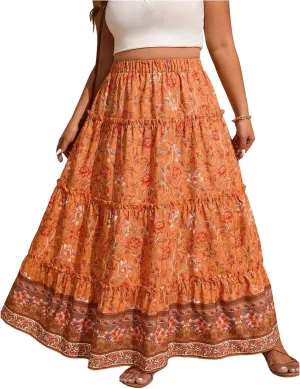 Verdusa Women's Plus Size Boho Floral Print Ruffle Skirt Elastic High Waist Loose Long Skirts