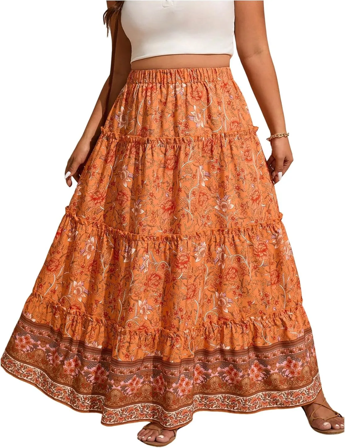 Verdusa Women's Plus Size Boho Floral Print Ruffle Skirt Elastic High Waist Loose Long Skirts