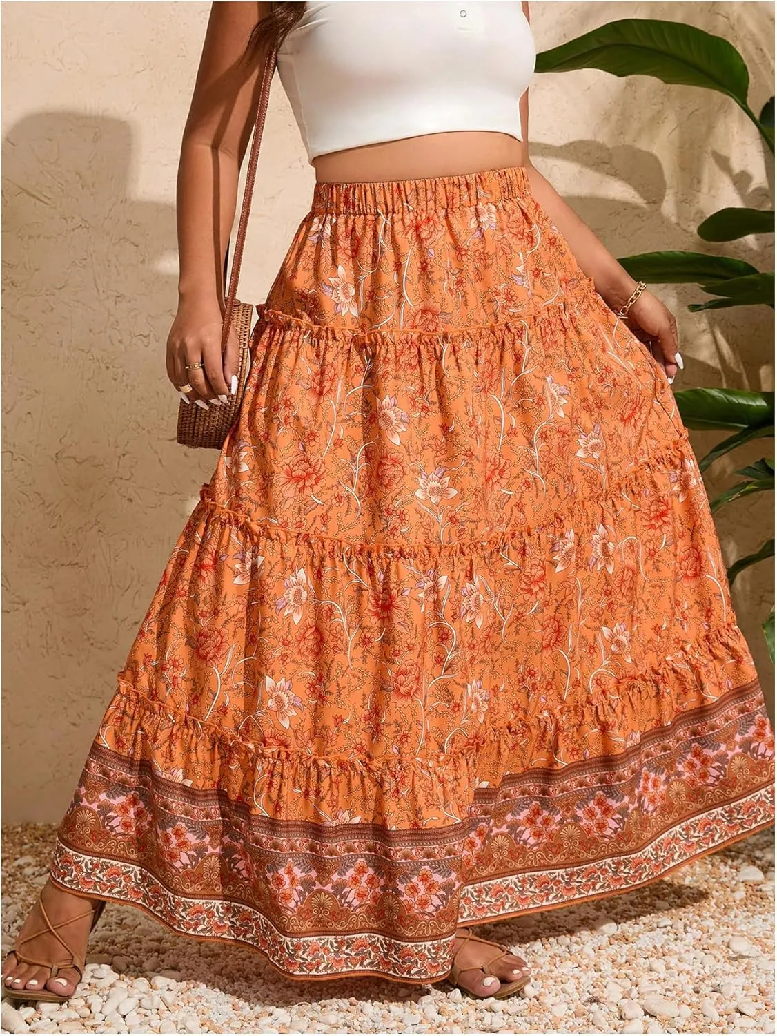 Verdusa Women's Plus Size Boho Floral Print Ruffle Skirt Elastic High Waist Loose Long Skirts
