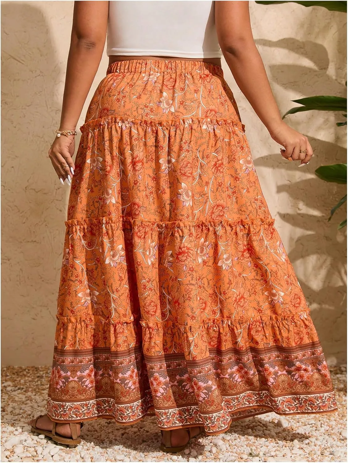 Verdusa Women's Plus Size Boho Floral Print Ruffle Skirt Elastic High Waist Loose Long Skirts