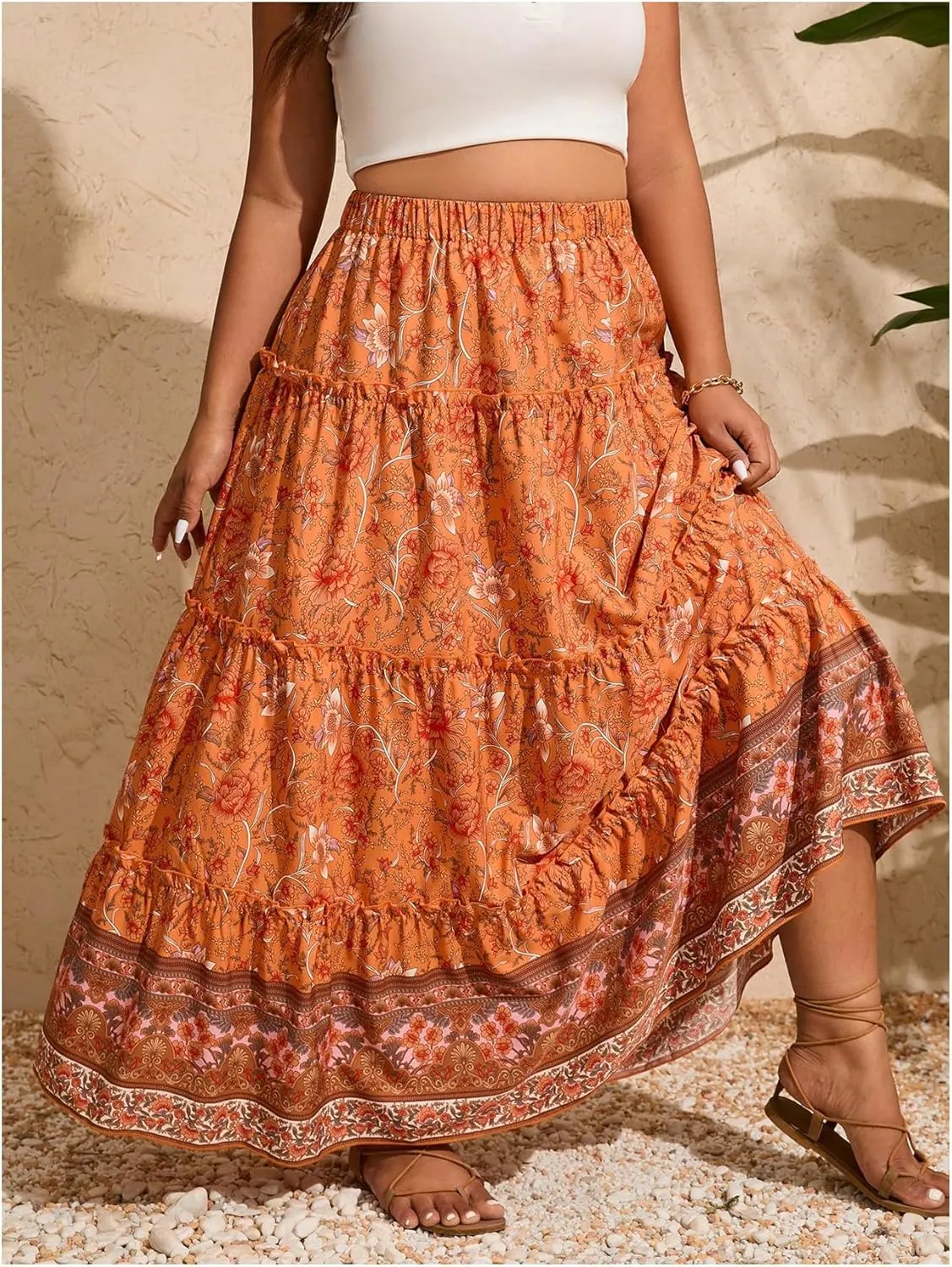 Verdusa Women's Plus Size Boho Floral Print Ruffle Skirt Elastic High Waist Loose Long Skirts