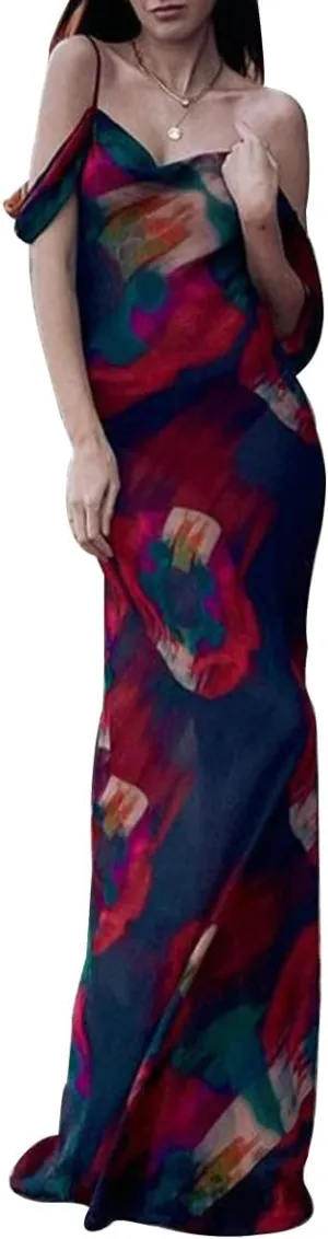 Vintage Dress for Women Floral Long Dress Sexy Backless Spaghetti Strap Bodycon Maxi Dress Going Out Formal Dress