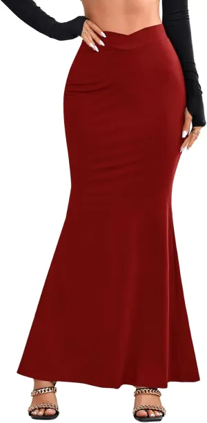 Vrtige Women's Crossover Elastic High Waist Ruffle Hem Cocktail Bodycon Maxi Long Skirt