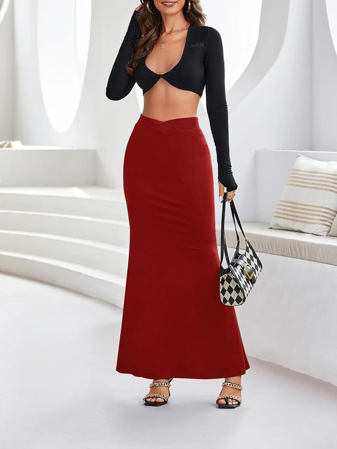 Vrtige Women's Crossover Elastic High Waist Ruffle Hem Cocktail Bodycon Maxi Long Skirt