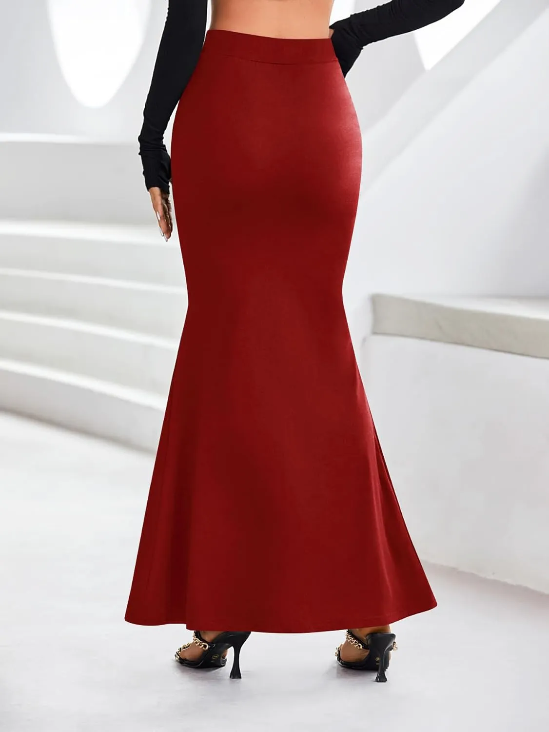 Vrtige Women's Crossover Elastic High Waist Ruffle Hem Cocktail Bodycon Maxi Long Skirt