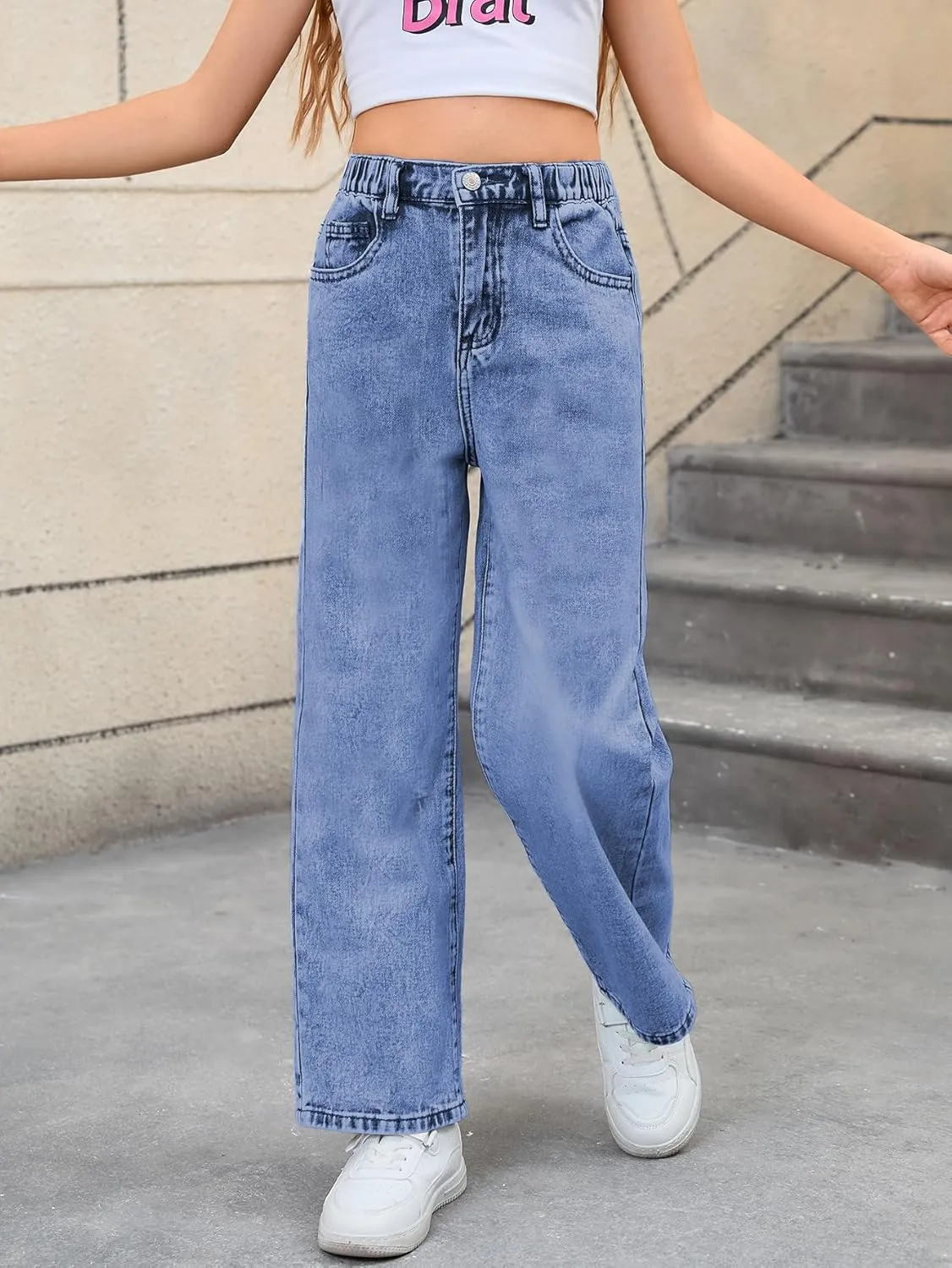 WDIRARA Girl's Bowknot Embroidery Wide Leg Denim Pants Y2k High Waist Baggy Jeans