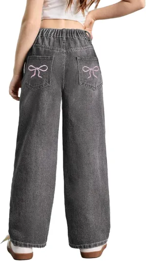 WDIRARA Girl's Bowknot Embroidery Wide Leg Denim Pants Y2k High Waist Baggy Jeans