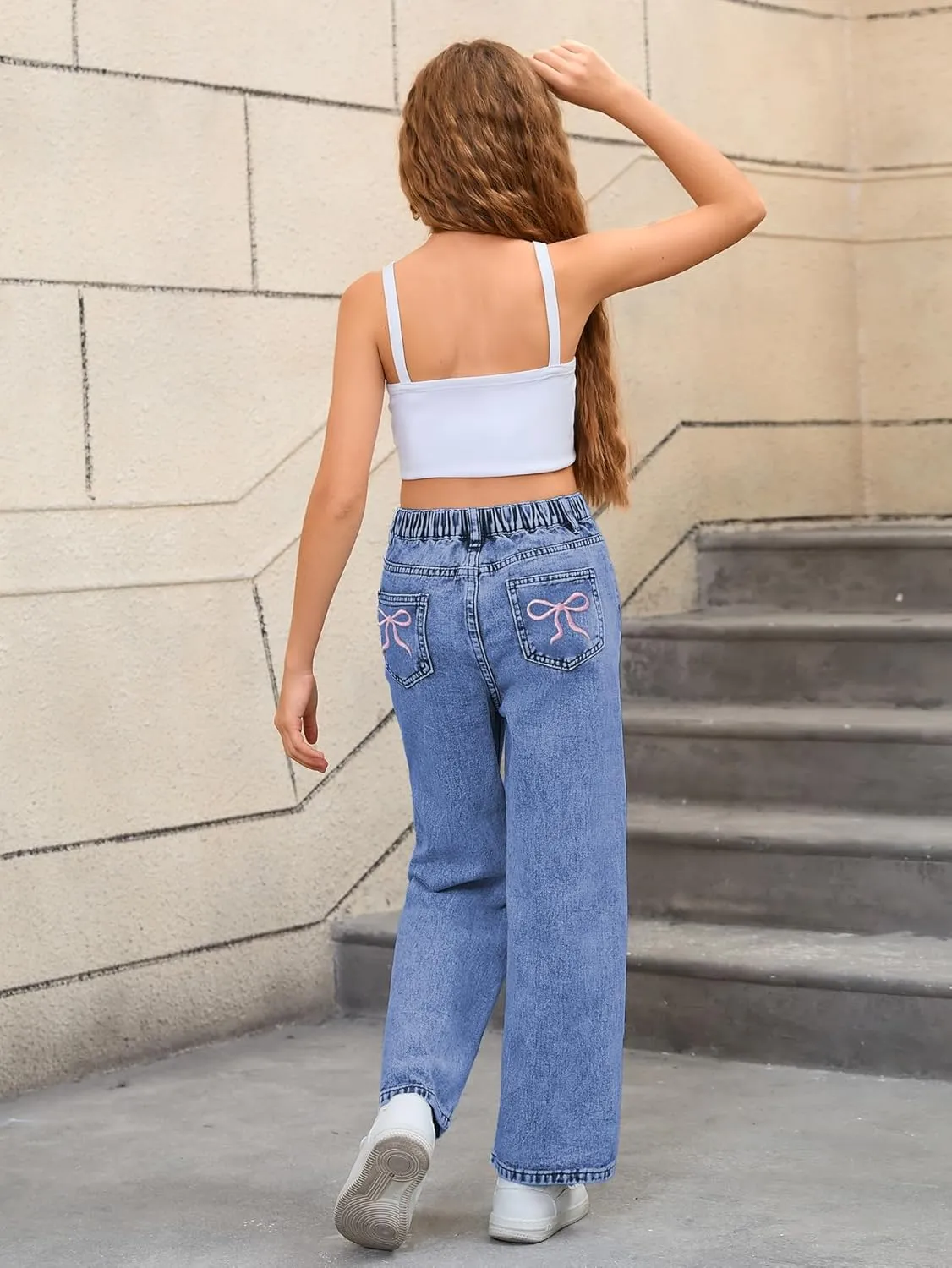 WDIRARA Girl's Bowknot Embroidery Wide Leg Denim Pants Y2k High Waist Baggy Jeans