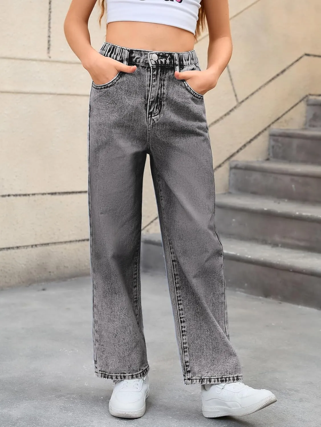WDIRARA Girl's Bowknot Embroidery Wide Leg Denim Pants Y2k High Waist Baggy Jeans