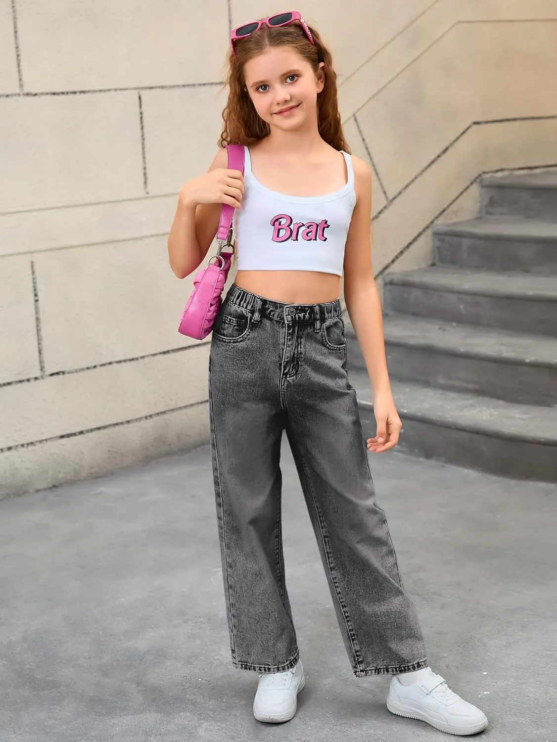 WDIRARA Girl's Bowknot Embroidery Wide Leg Denim Pants Y2k High Waist Baggy Jeans