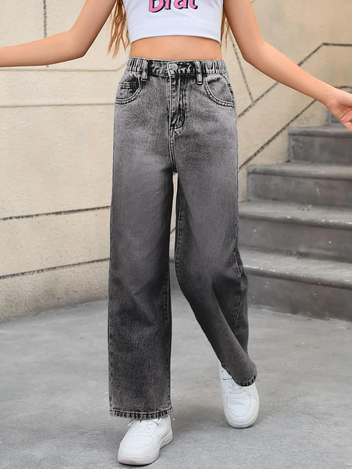 WDIRARA Girl's Bowknot Embroidery Wide Leg Denim Pants Y2k High Waist Baggy Jeans