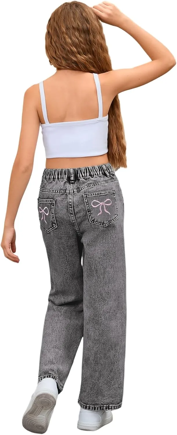 WDIRARA Girl's Bowknot Embroidery Wide Leg Denim Pants Y2k High Waist Baggy Jeans