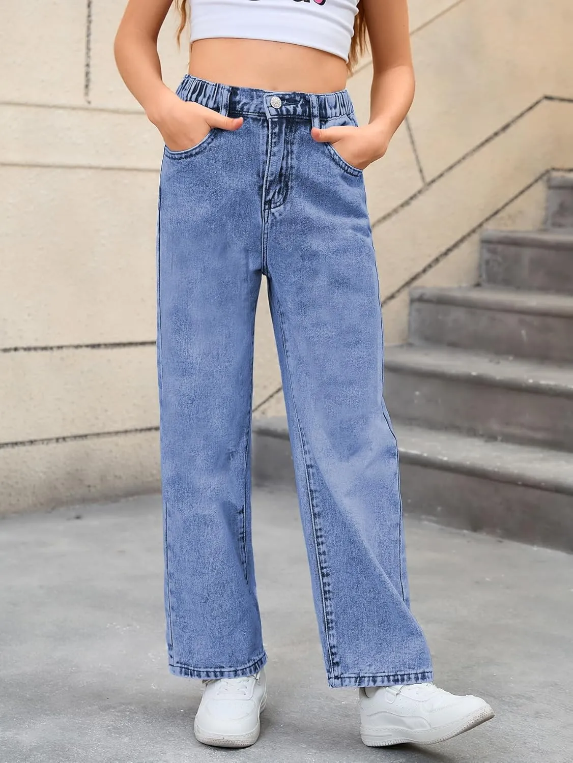 WDIRARA Girl's Bowknot Embroidery Wide Leg Denim Pants Y2k High Waist Baggy Jeans