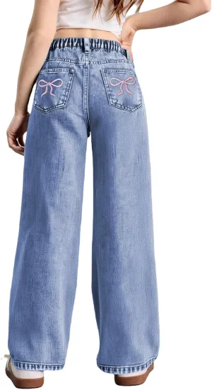 WDIRARA Girl's Bowknot Embroidery Wide Leg Denim Pants Y2k High Waist Baggy Jeans